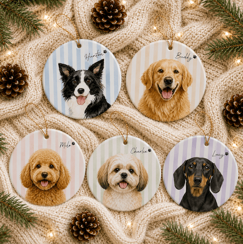 Vertical Striped Circle Ornament Pet Custom Photo Dog Cat Christmas Tree Gift Set 1-8 Packs