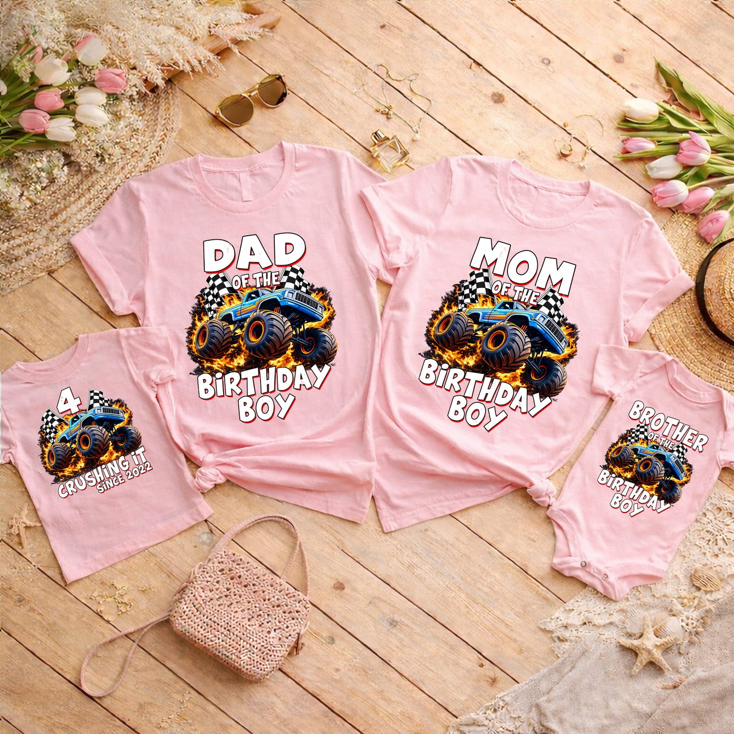 Monster Truck Birthday Boy Family Matching Shirts, Dad Mom Brother Sister Personalized Family Birthday Outfits