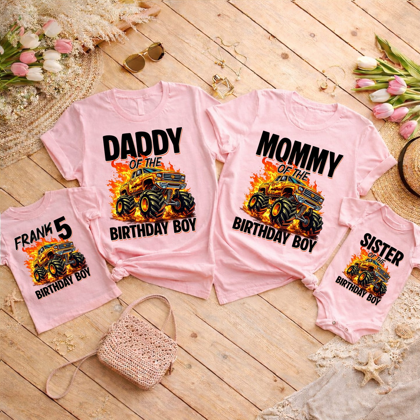Monster Truck Birthday Boy Family Matching Shirts, Dad Mom Brother Sister Personalized Birthday Outfits