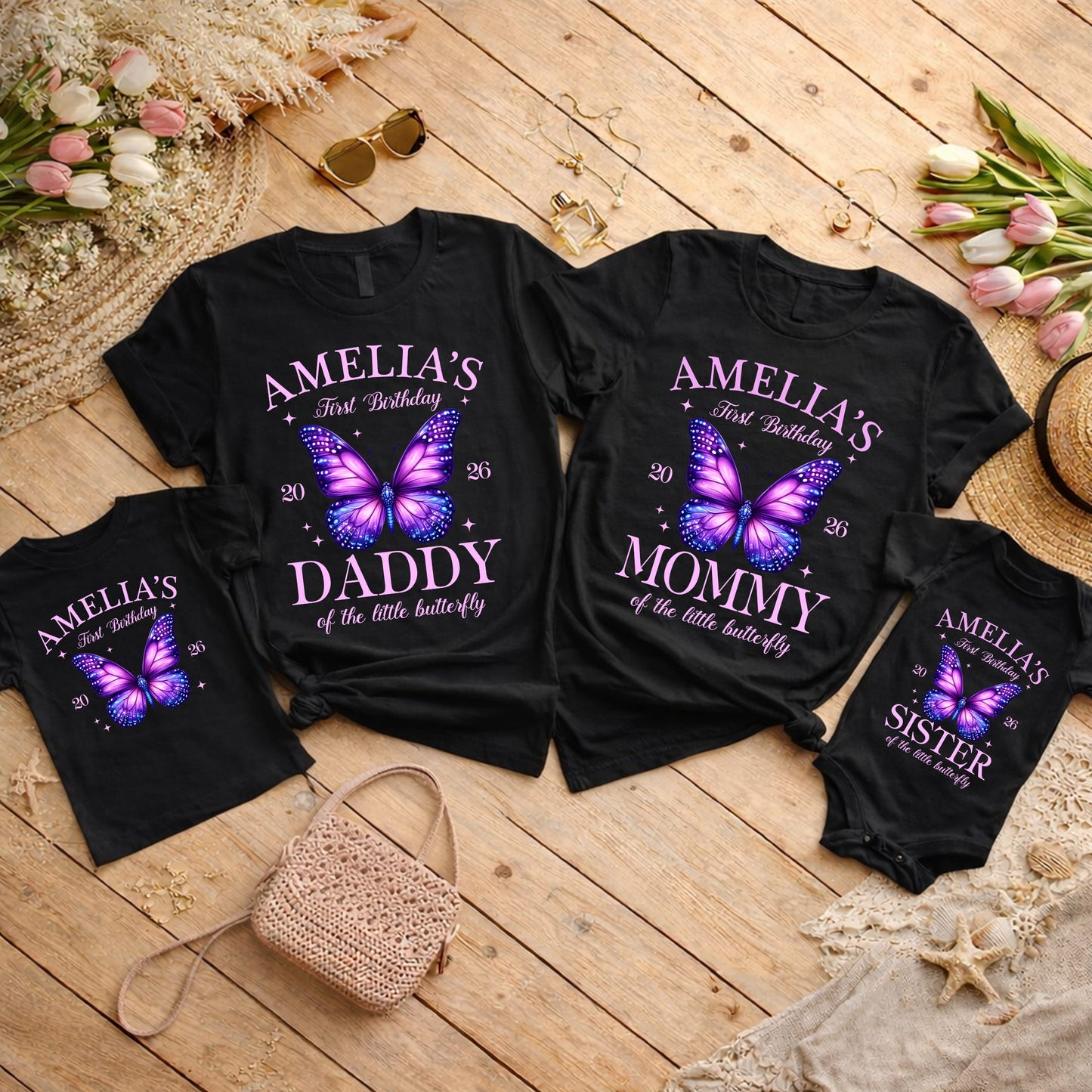 Personalized First Birthday Butterfly Family Shirts, Custom Mommy Daddy Sister Brother Matching Birthday Outfits