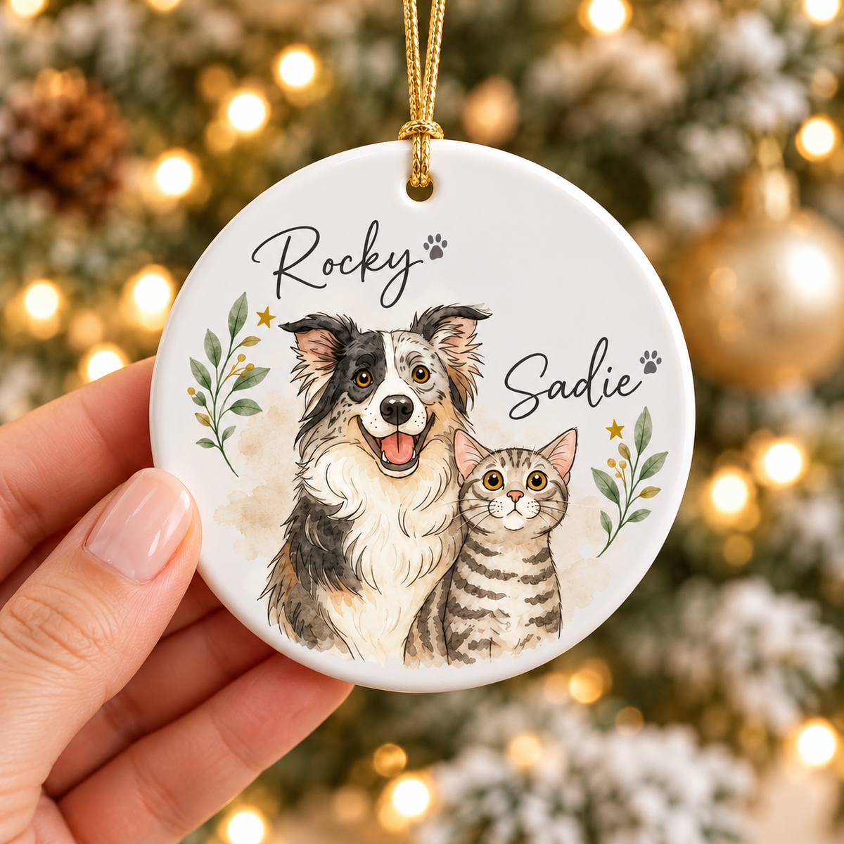 Personalized Dog Photo Christmas Ornament, Pet Watercolor Portrait Keepsake, Cat Lover Gift