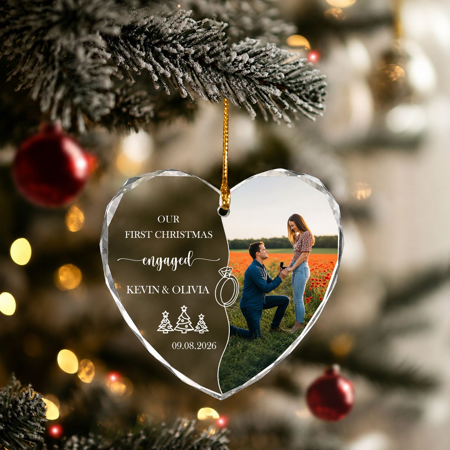 Engaged Custom Image Name Glass Ornament 2026 Xmas