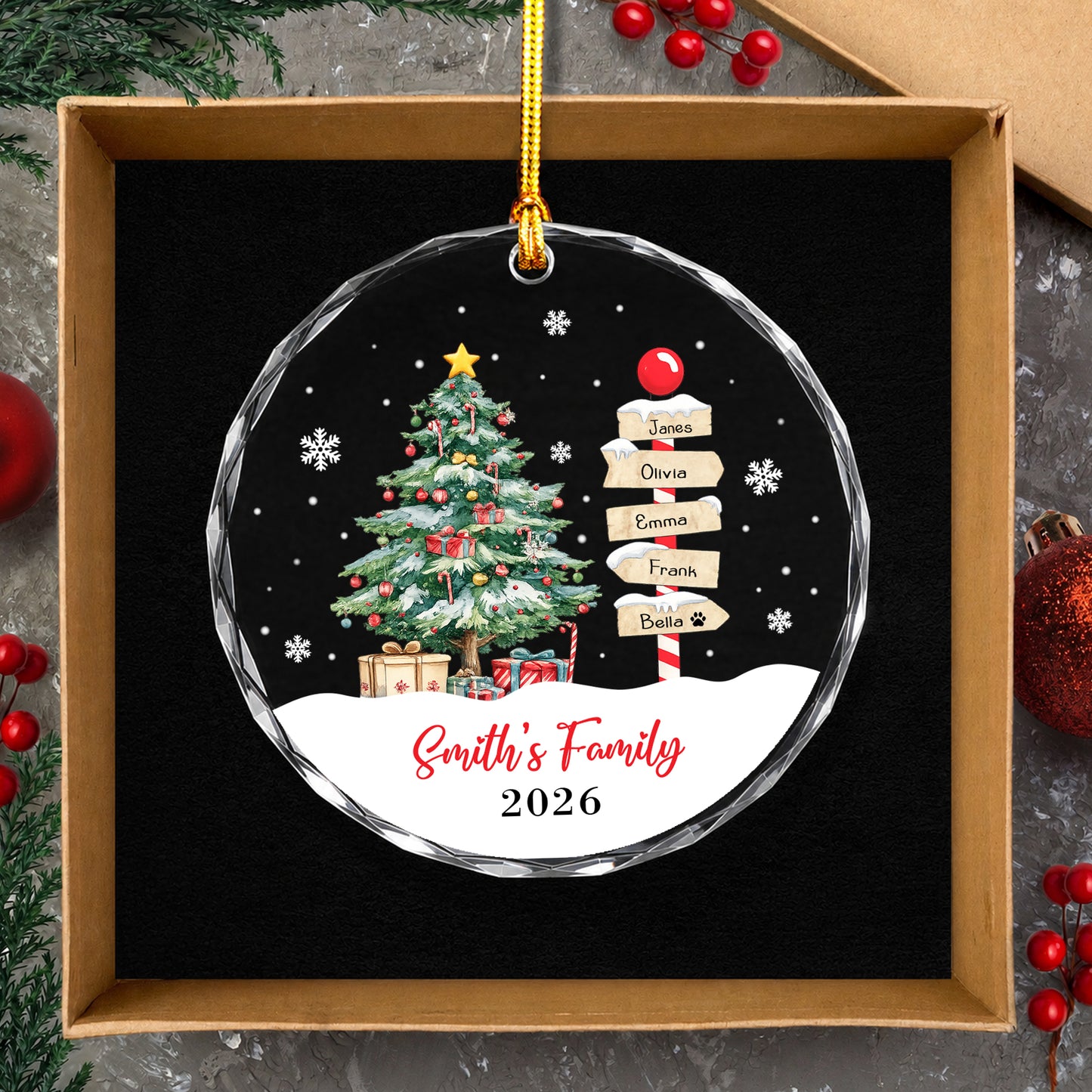Custom Image Name Pine Tree Glass Xmas Ornament 2026