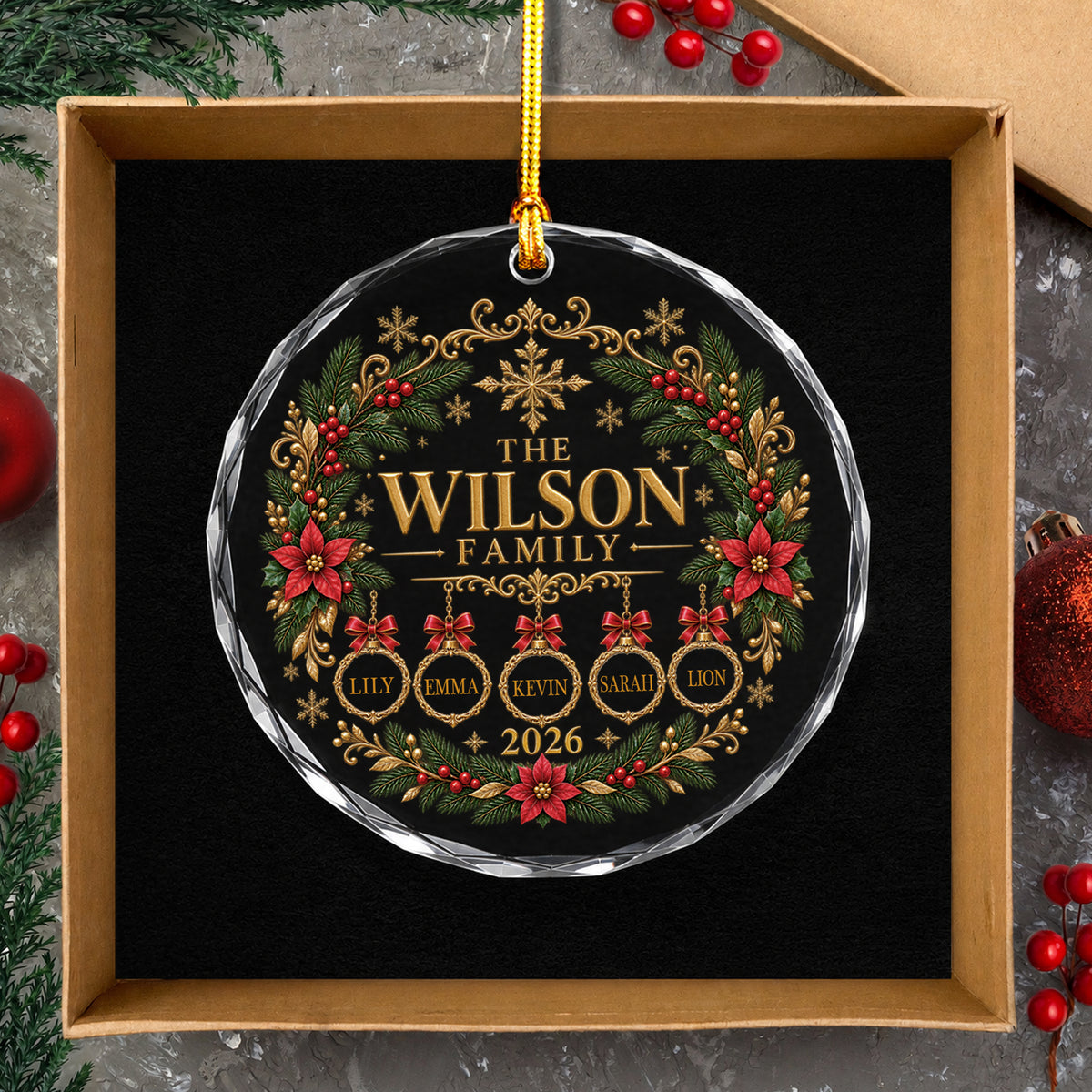 Personalized Christmas ornament engraved with family name, custom-named glass ornament, family and pet ornament, 2026 family keepsake.