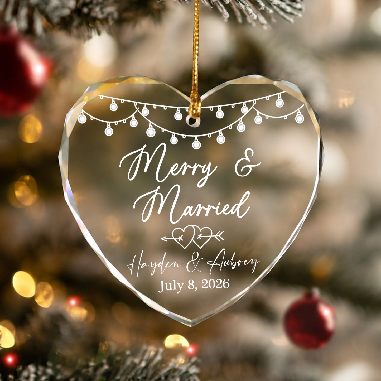 Merry & Married Custom Name Glass Xmas Ornament 2026
