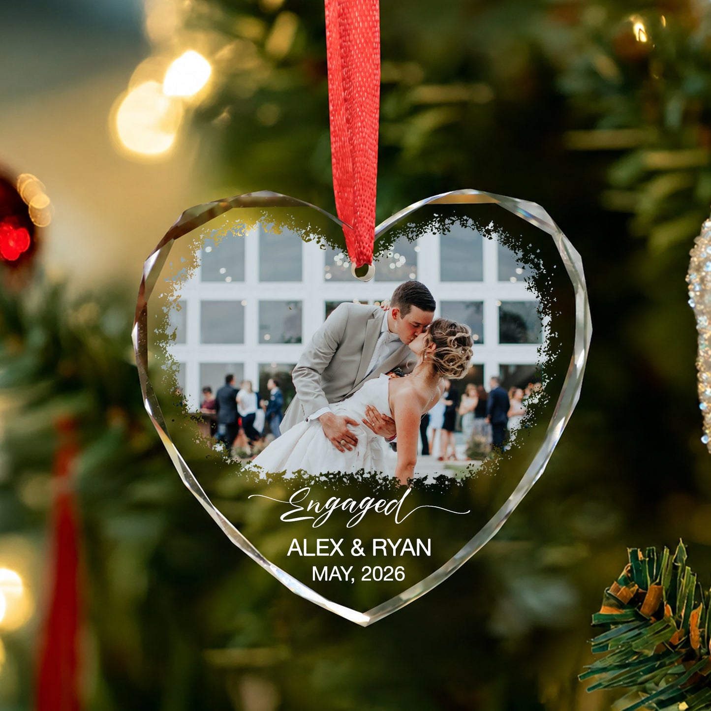 Engaged Custom Name Date Image Glass Ornament 2026 Xmas