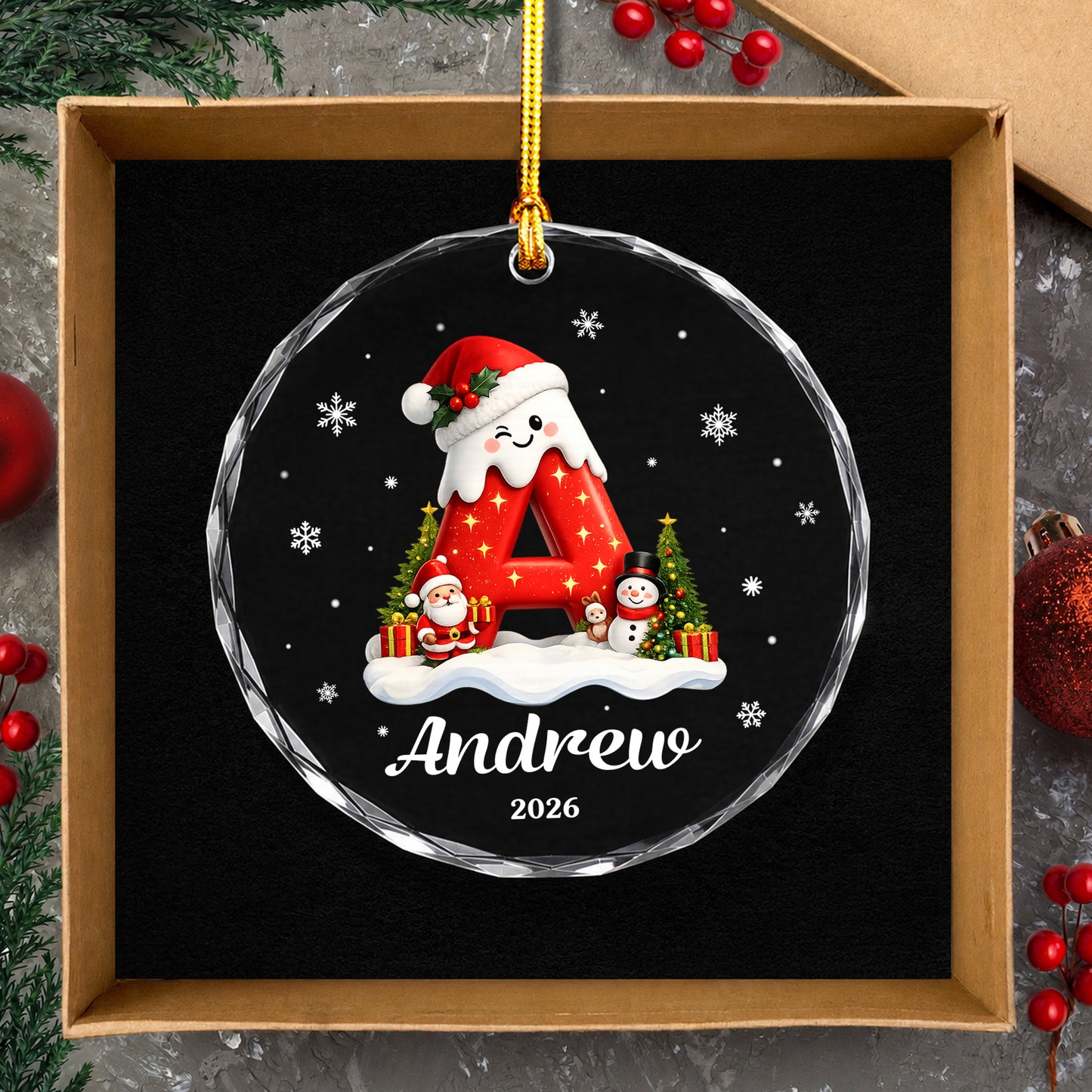 Init Letter Santa Custom Name Christmas Glass Ornament Xmas 2026