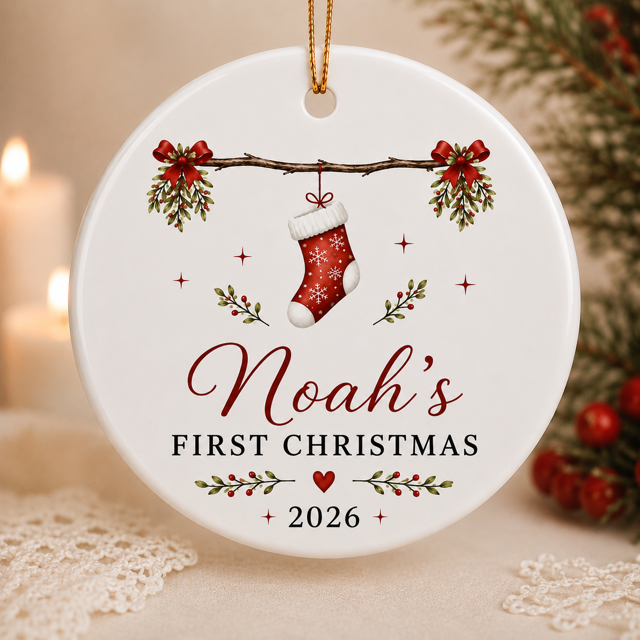 Our First Christmas As A Family Of Three | Set Of 4 Custom Name Ceramic Ornaments Family - Dad - Mom - Baby