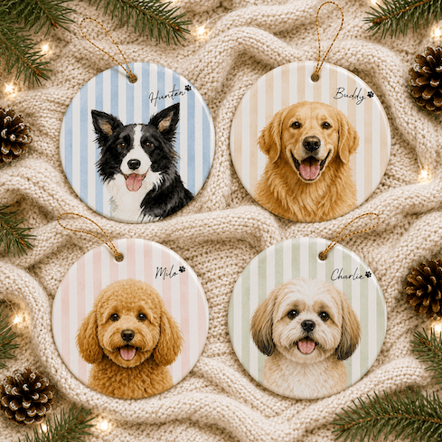 Circle Ornament Pet Custom Photo Vertical Striped Dog Cat Christmas Gift Set 1-8 Pcs