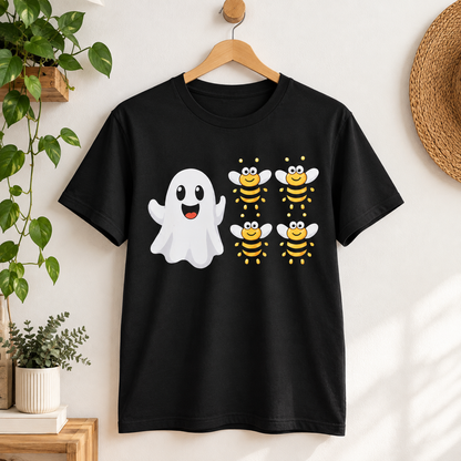 Cute ghost and bee Halloween graphic shirt with white ghost and yellow bumble bees on black apparel