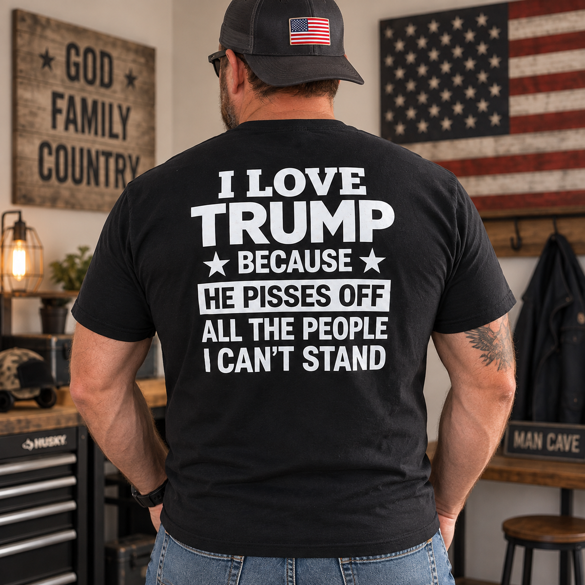I Love Trump Funny black shirt with bold white graphic back print
