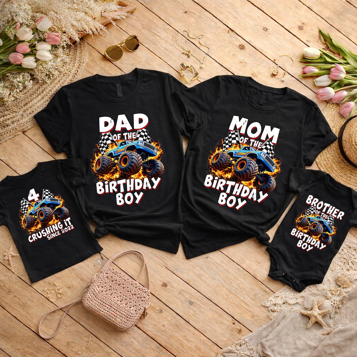 Monster Truck Birthday Boy Family Matching Shirts, Dad Mom Brother Sister Personalized Family Birthday Outfits