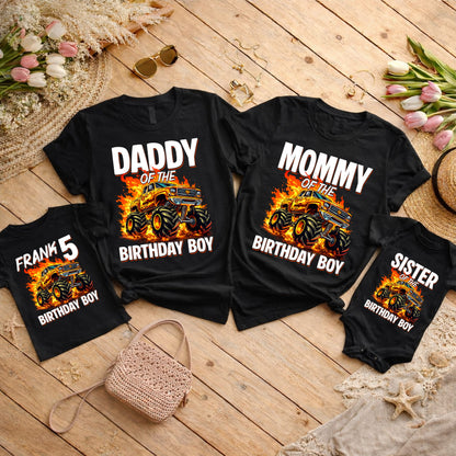 Monster Truck Birthday Boy Family Matching Shirts, Dad Mom Brother Sister Personalized Birthday Outfits