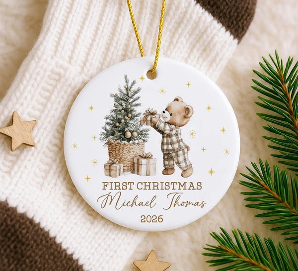 Set Of 1-8 Pcs Baby 1st Christmas Circle Ceramic Ornament Custom Name