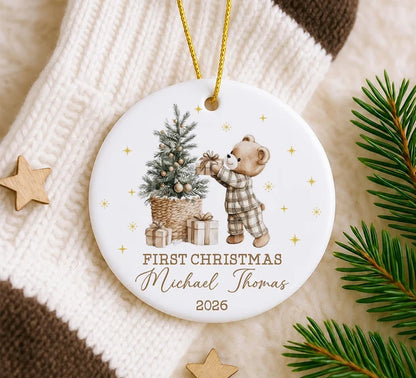 Set Of 1-8 Pcs Baby 1st Christmas Circle Ceramic Ornament Custom Name