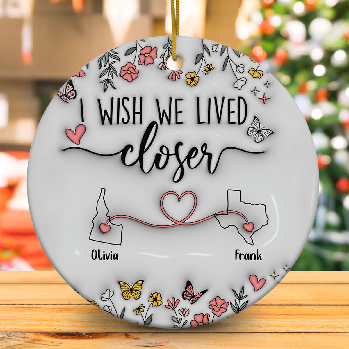 Personalized Map Distance State Floral Custom 3D Inflated Effect Ornament