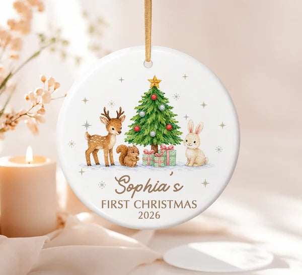 Set Of 1-8 Pcs Baby 1st Christmas Circle Ceramic Ornament Custom Name