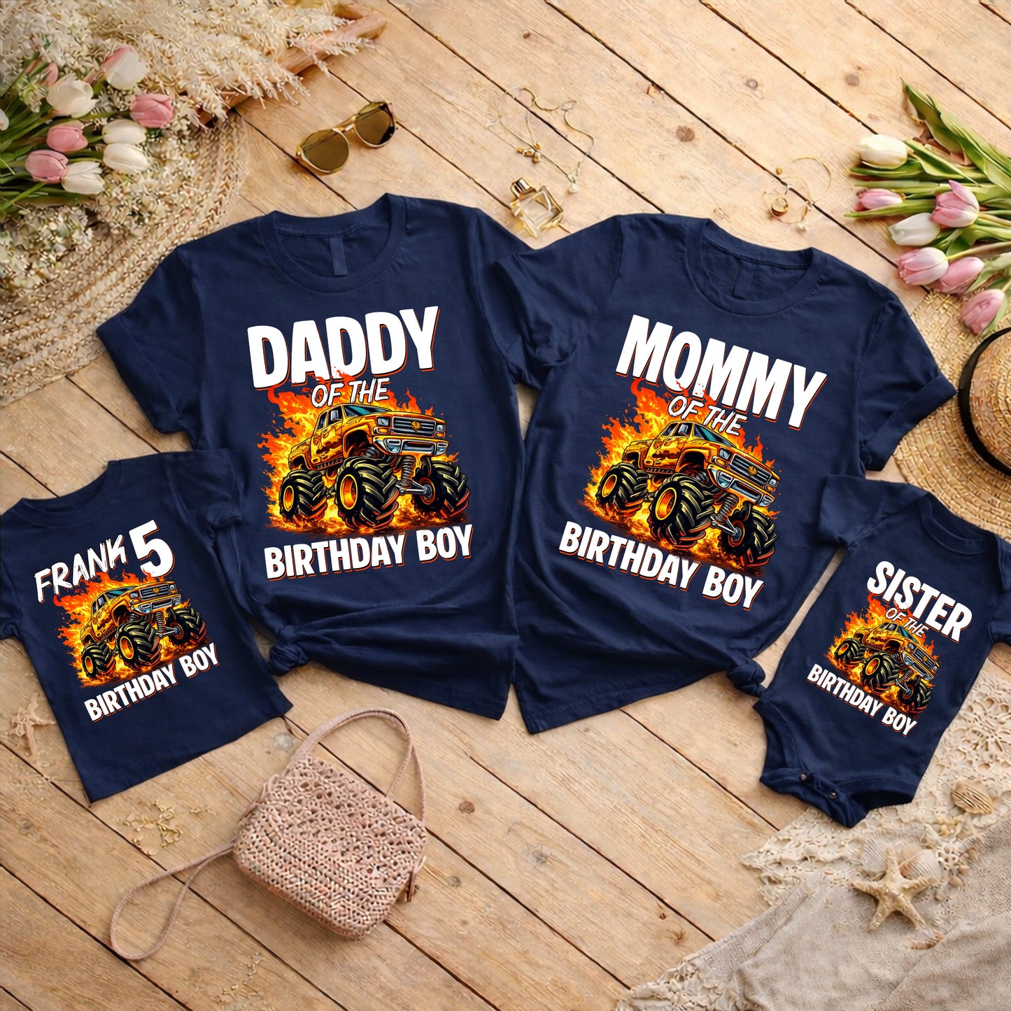 Monster Truck Birthday Boy Family Matching Shirts, Dad Mom Brother Sister Personalized Birthday Outfits