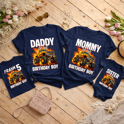 Monster Truck Birthday Boy Family Matching Shirts, Dad Mom Brother Sister Personalized Birthday Outfits
