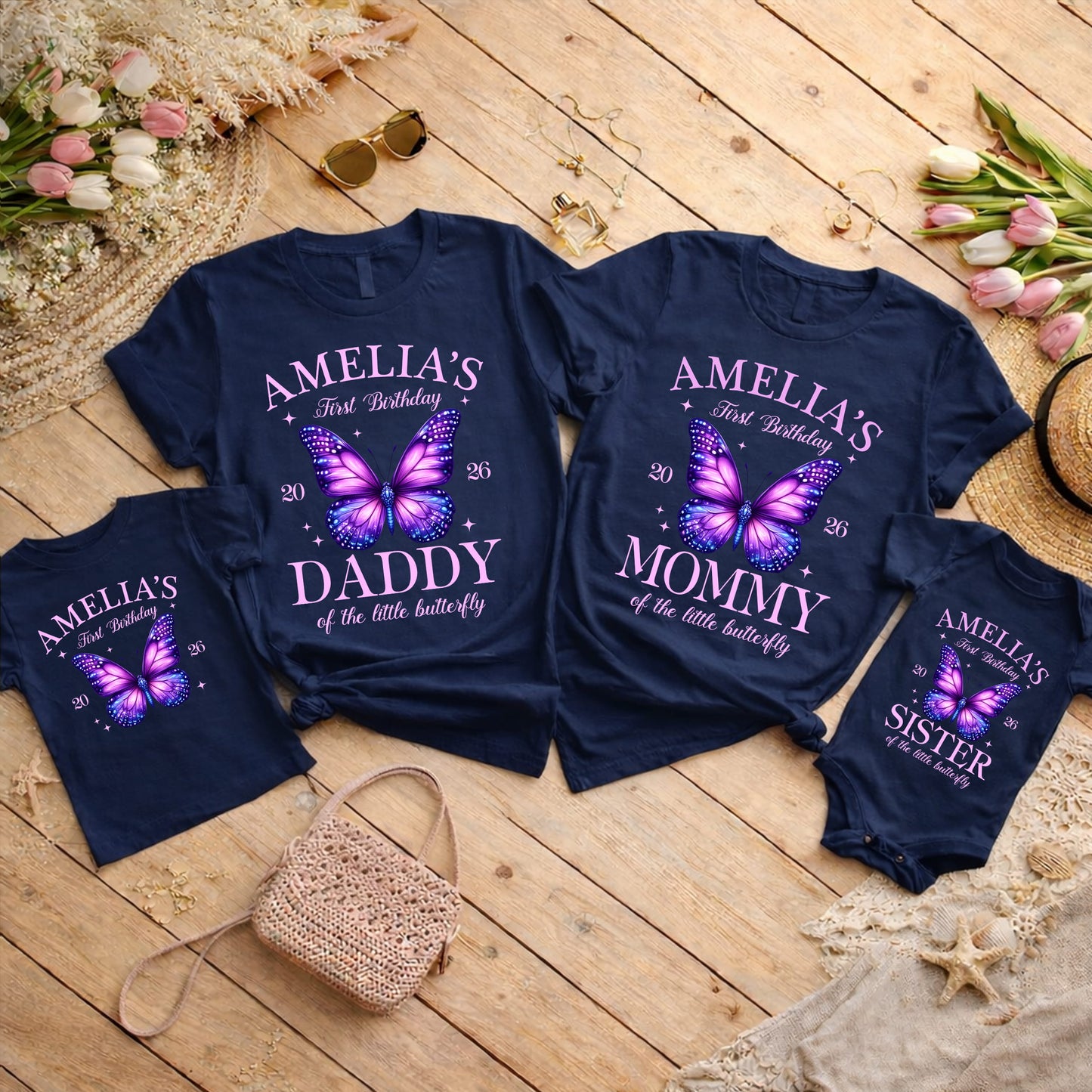 Personalized First Birthday Butterfly Family Shirts, Custom Mommy Daddy Sister Brother Matching Birthday Outfits
