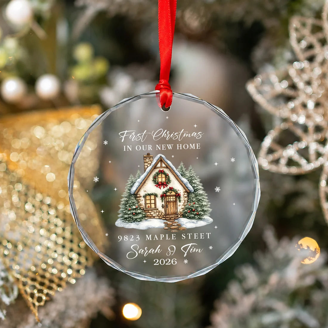 Set Of 1-8 Pcs New Home Christmas Glass Circle/ Heart Ornament Custom Name - Address