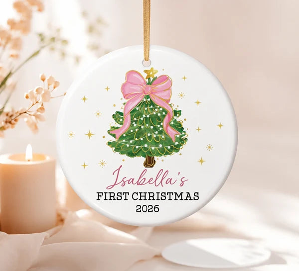 Set Of 1-8 Pcs Baby 1st Christmas Circle Ceramic Ornament Custom Name