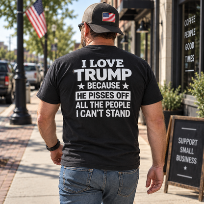 I Love Trump Funny black shirt with bold white graphic back print