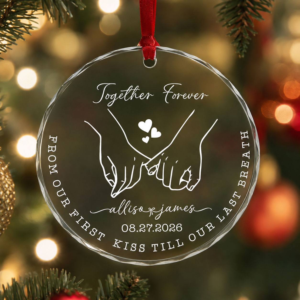 Set Of 1-8 Pcs Anniversary Christmas Glass Circle/ Heart Ornament Custom Name - Date