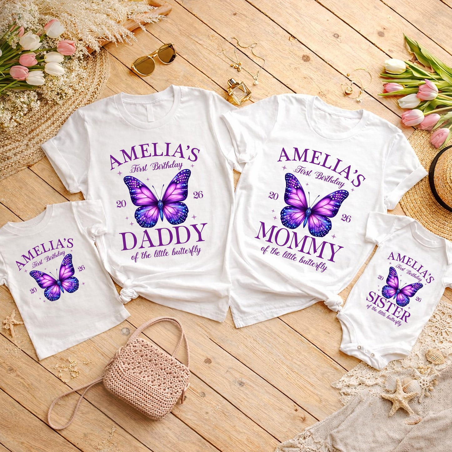 Personalized First Birthday Butterfly Family Shirts, Custom Mommy Daddy Sister Brother Matching Birthday Outfits