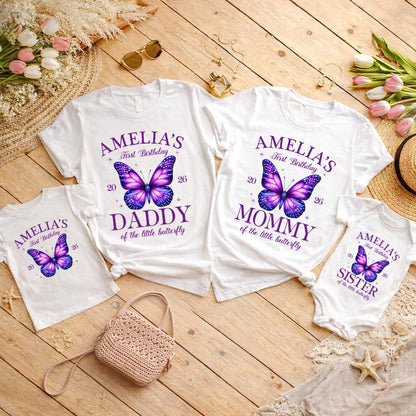 Personalized First Birthday Butterfly Family Shirts, Custom Mommy Daddy Sister Brother Matching Birthday Outfits