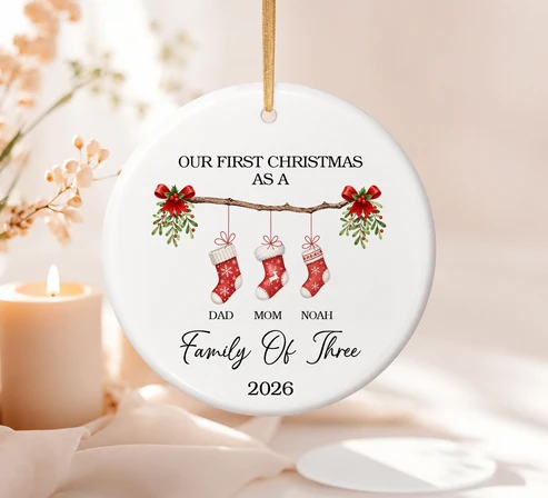 Our First Christmas As A Family Of Three | Set Of 4 Custom Name Ceramic Ornaments Family - Dad - Mom - Baby