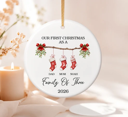 Our First Christmas As A Family Of Three | Set Of 4 Custom Name Ceramic Ornaments Family - Dad - Mom - Baby