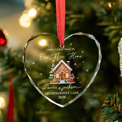 Set Of 1-8 Pcs New Home Christmas Glass Circle/ Heart Ornament Custom Name - Address