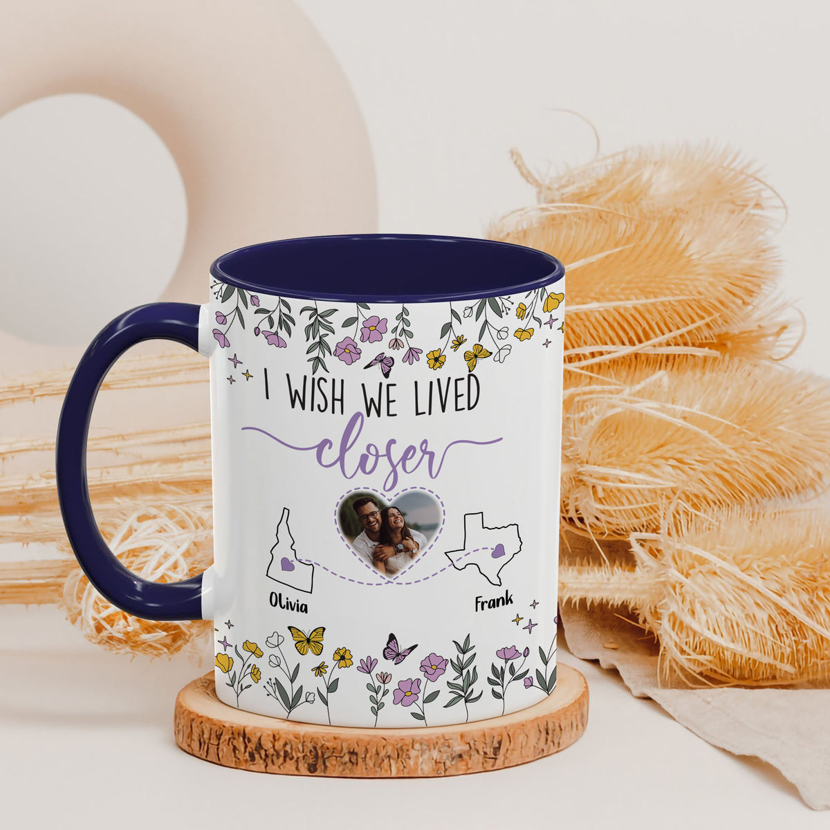 Personalized Map Distance State Floral Coffee Mug, Custom Long Distance