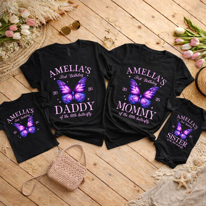 Personalized First Birthday Butterfly Family Shirts, Custom Mommy Daddy Sister Brother Matching Birthday Outfits