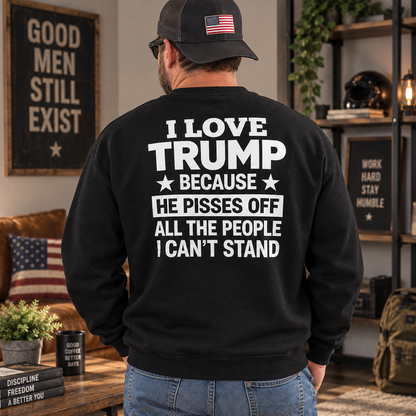 I Love Trump Funny black shirt with bold white graphic back print
