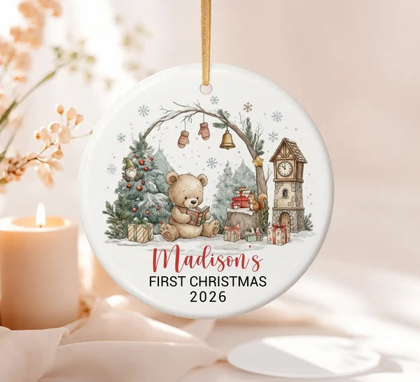 Set Of 1-8 Pcs Baby 1st Christmas Circle Ceramic Ornament Custom Name