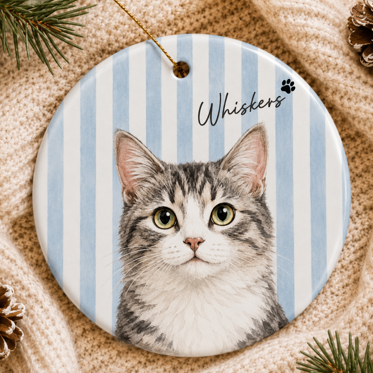 Circle Ornament Pet Custom Photo Vertical Striped Dog Cat Christmas Gift Set 1-8 Pcs