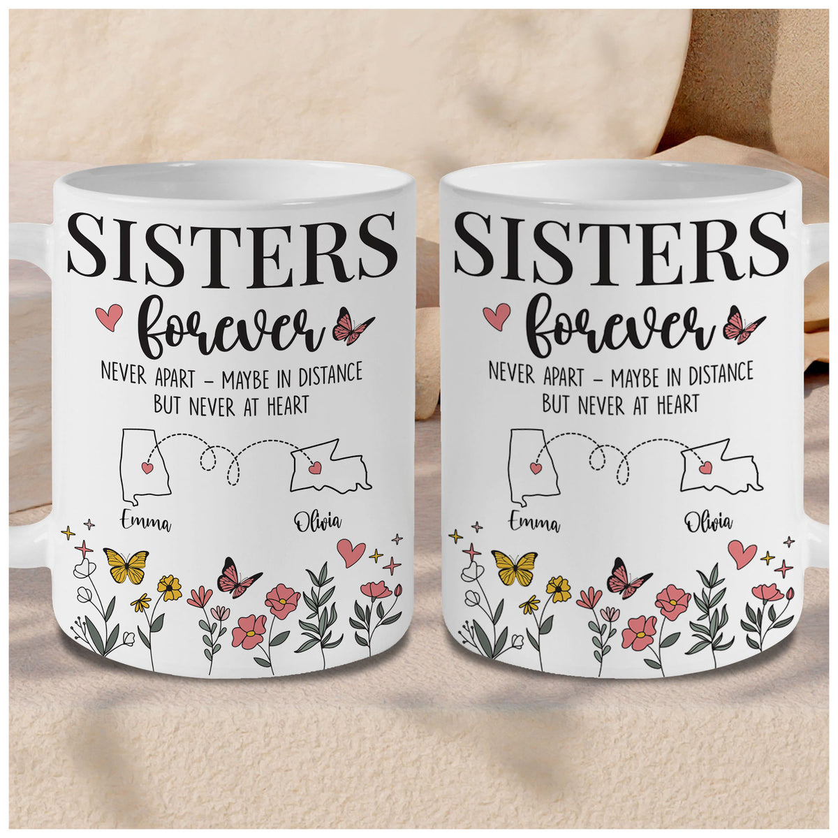 Personalized Custom Map Distance Sister Mug Coffee Mug 11Oz 15Oz