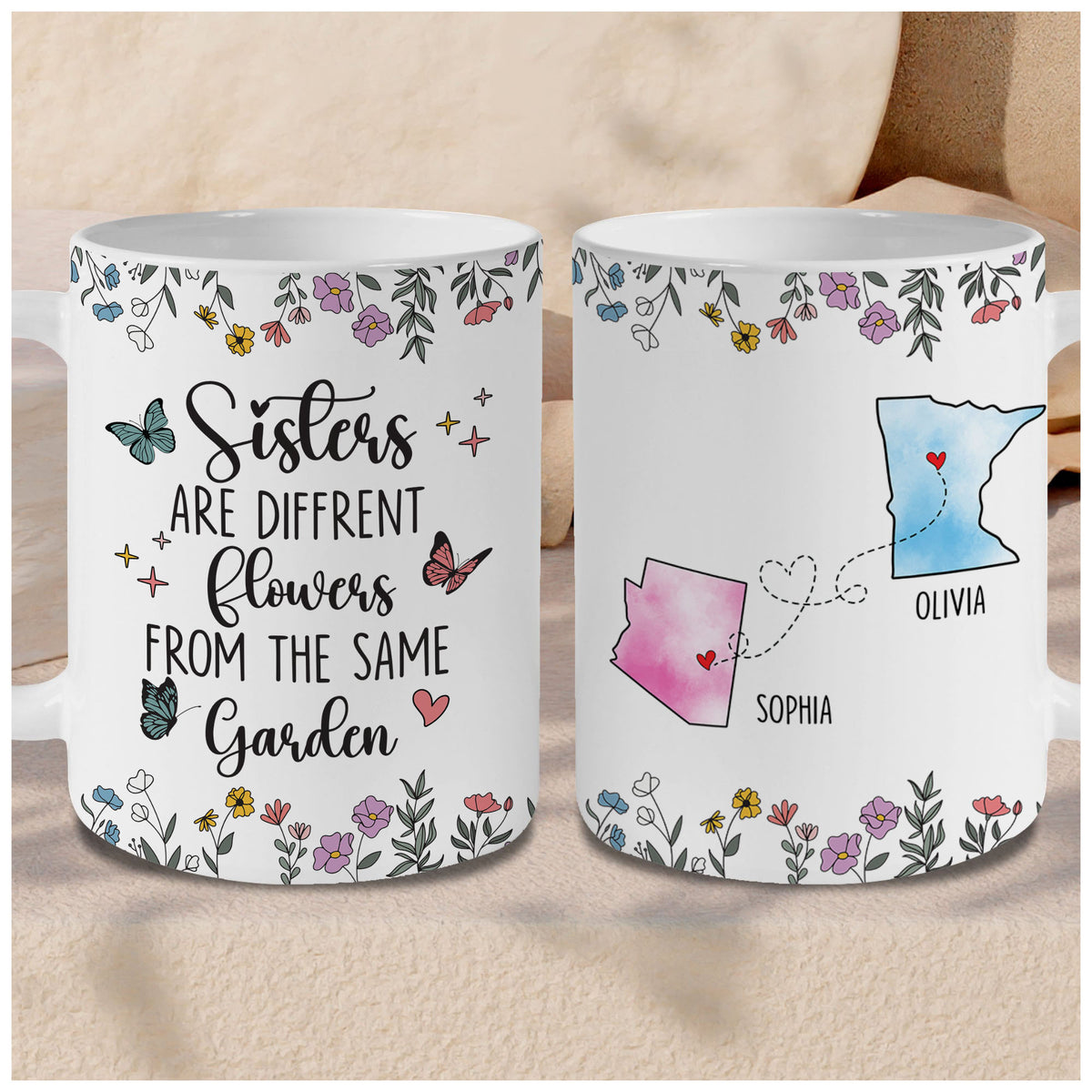 Personalized Custom Map Distance Effect Sister Coffee Mug, Sister Gifts For Birthday