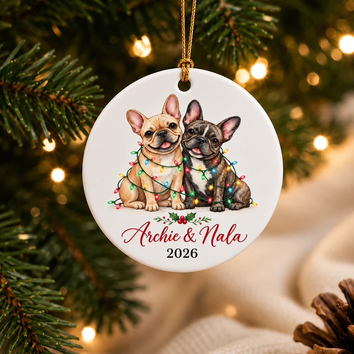 French Bulldog Pair Ornament with Christmas Lights, Personalized Dog Name Ornament 2025, Custom Holiday Gift for Frenchie Owners