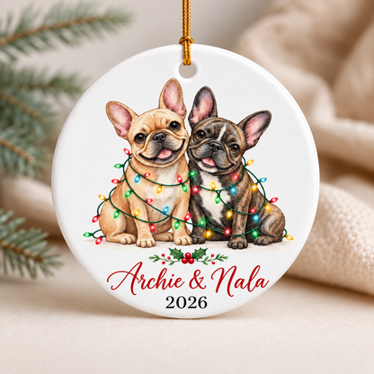 French Bulldog Pair Ornament with Christmas Lights, Personalized Dog Name Ornament 2025, Custom Holiday Gift for Frenchie Owners