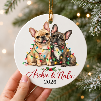 French Bulldog Pair Ornament with Christmas Lights, Personalized Dog Name Ornament 2025, Custom Holiday Gift for Frenchie Owners