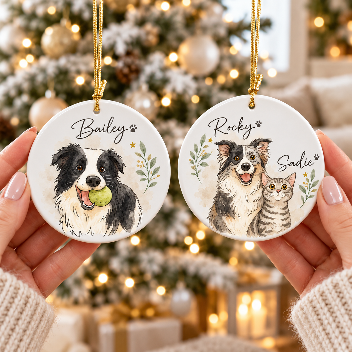 Personalized Dog Photo Christmas Ornament, Pet Watercolor Portrait Keepsake, Cat Lover Gift