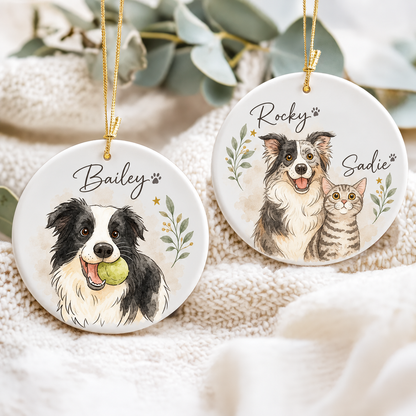 Personalized Dog Photo Christmas Ornament, Pet Watercolor Portrait Keepsake, Cat Lover Gift