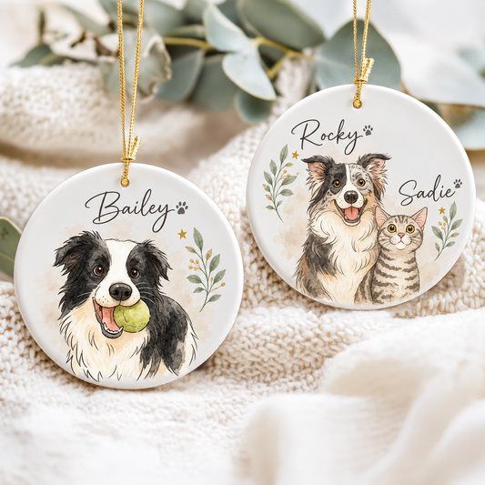 Personalized Dog Photo Christmas Ornament, Pet Watercolor Portrait Keepsake, Cat Lover Gift