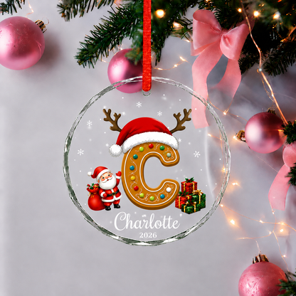 Family Name Sign Including Pet - Init Letter Cookie Style Xmas 2026 - Glass Ornament Set 3-8 Pieces