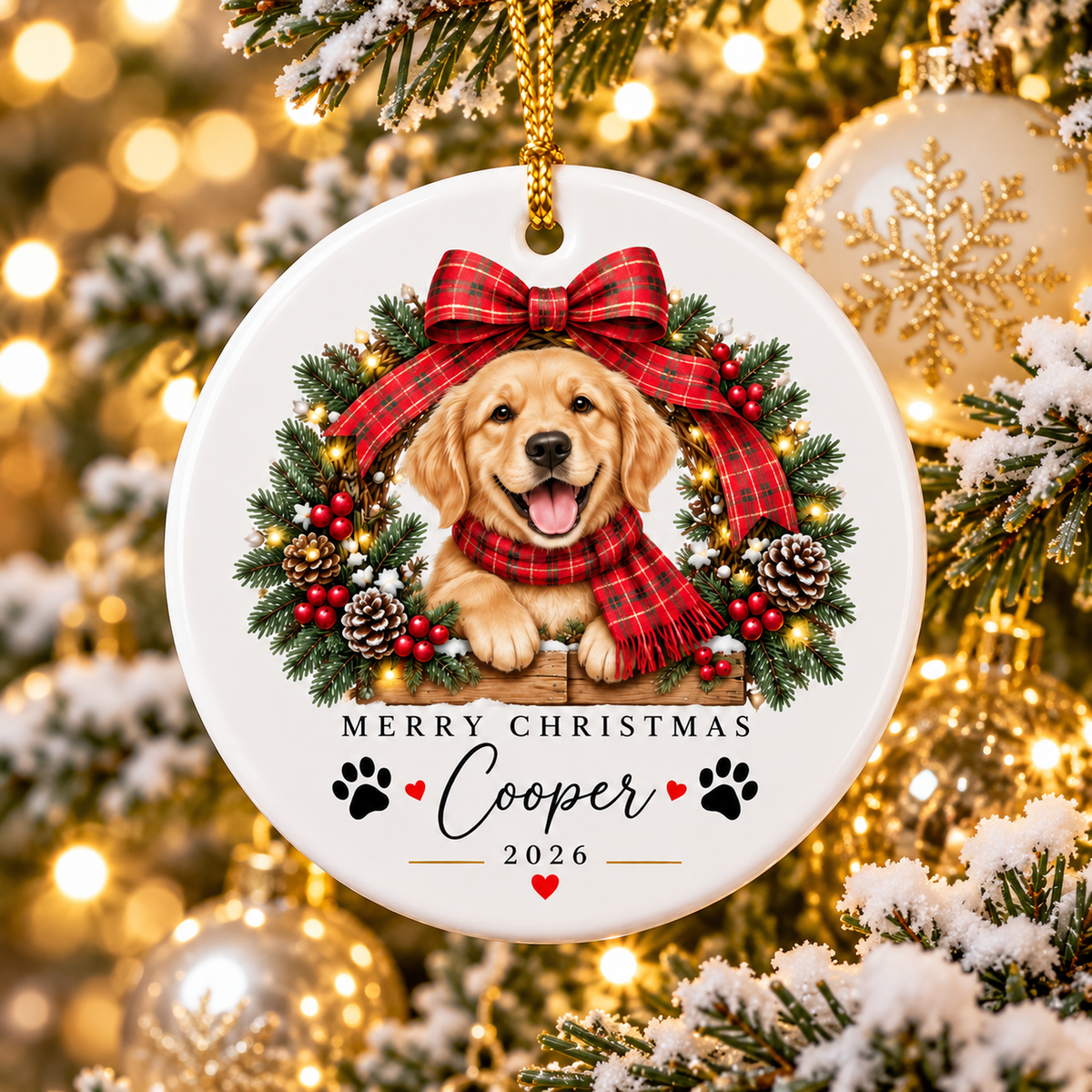 Personalized Dog Christmas Ornament, Golden Retriever Keepsake, Custom Pet Holiday Decoration, Dog Lover Gift, Christmas Tree Ornament