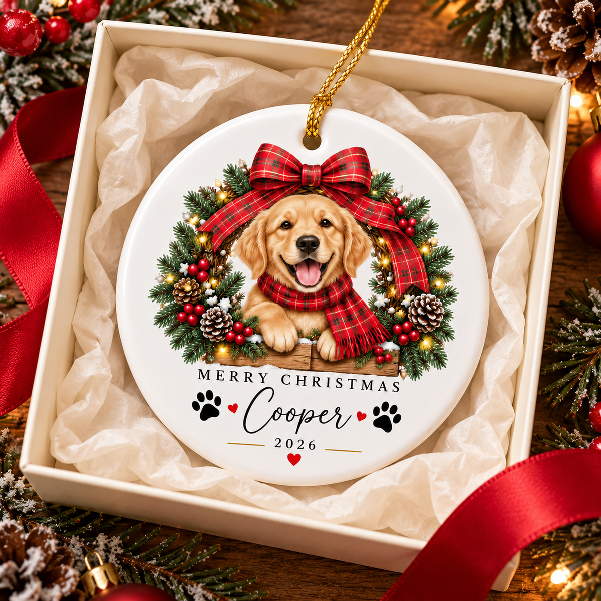 Personalized Dog Christmas Ornament, Golden Retriever Keepsake, Custom Pet Holiday Decoration, Dog Lover Gift, Christmas Tree Ornament