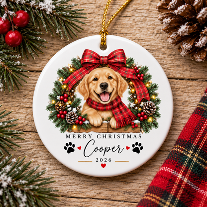 Personalized Dog Christmas Ornament, Golden Retriever Keepsake, Custom Pet Holiday Decoration, Dog Lover Gift, Christmas Tree Ornament